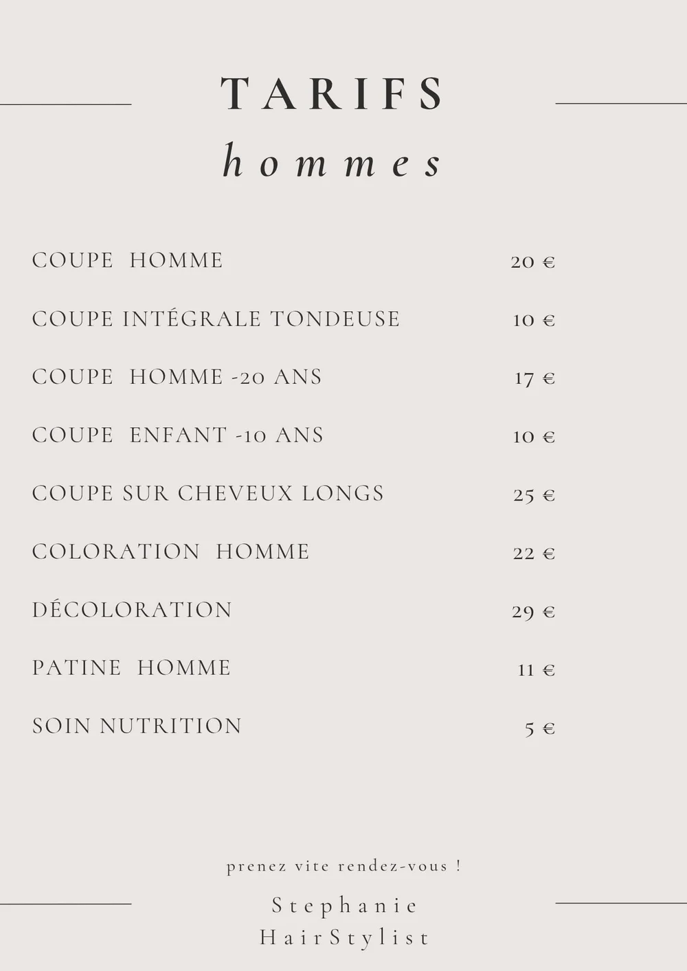 Tarifs hommes Stéphanie Hairstylist