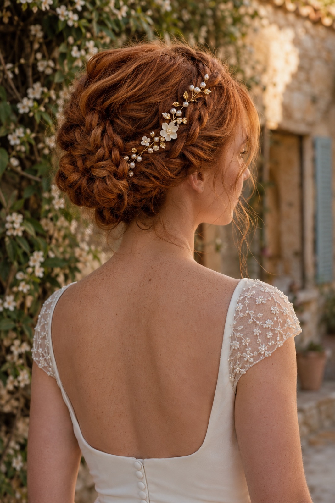 Chignon tressé roux avec bijou fleuri