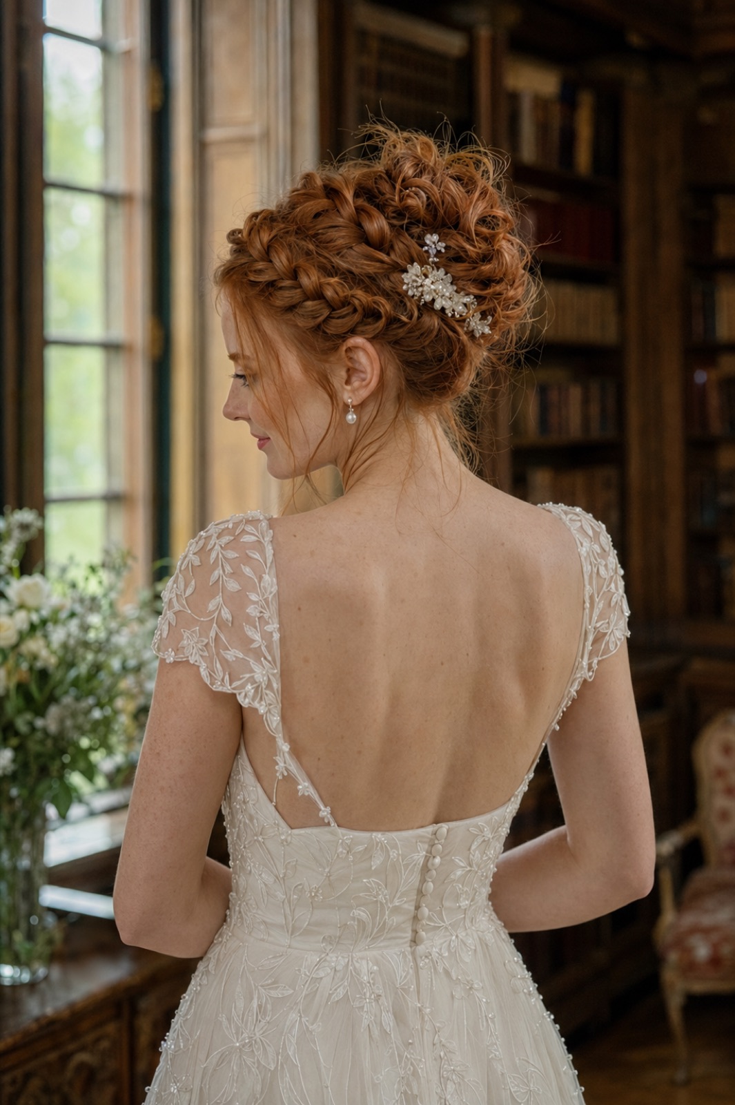 Chignon tressé roux avec bijou